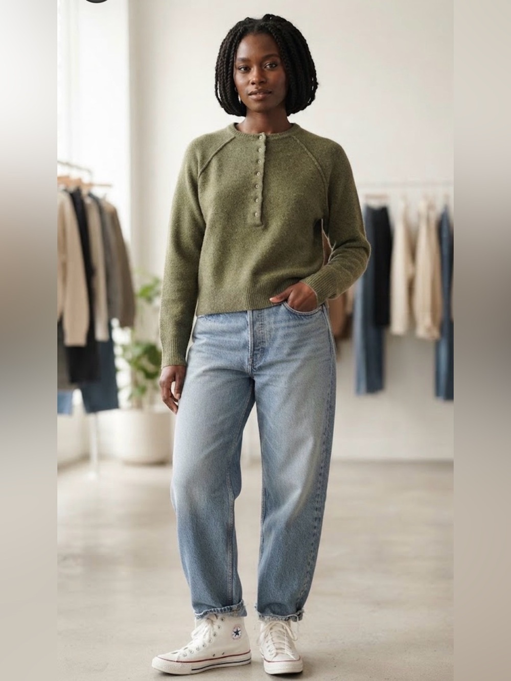 George Olive Green Henley Crewneck Sweater